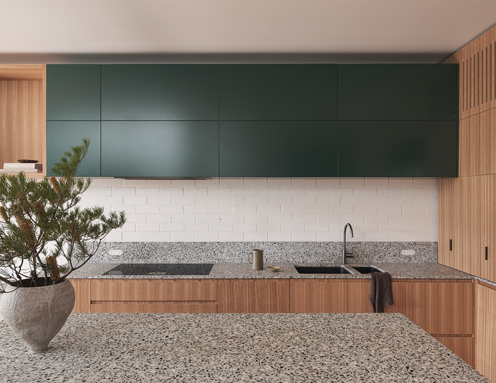 Wide angle of modern kitchen at Ahron Best featured project. Integrate with Titan gunmetal kitchen sink and kitchen mixer tap. Featuring woodgrain cabinets contrasted by forest green cabinets.